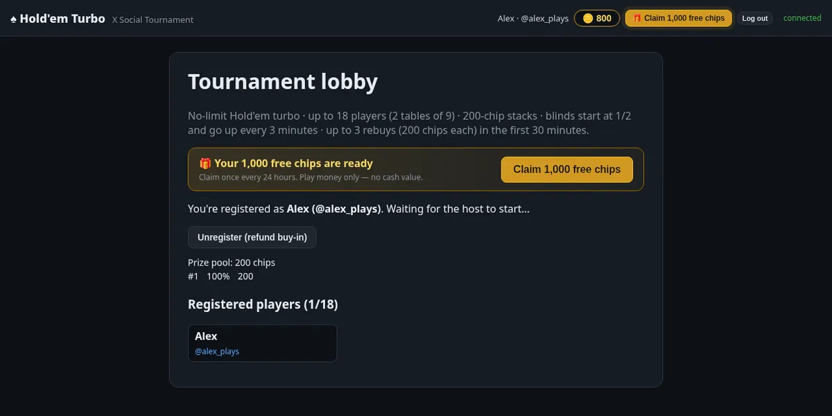 Lobby with the daily free chips button