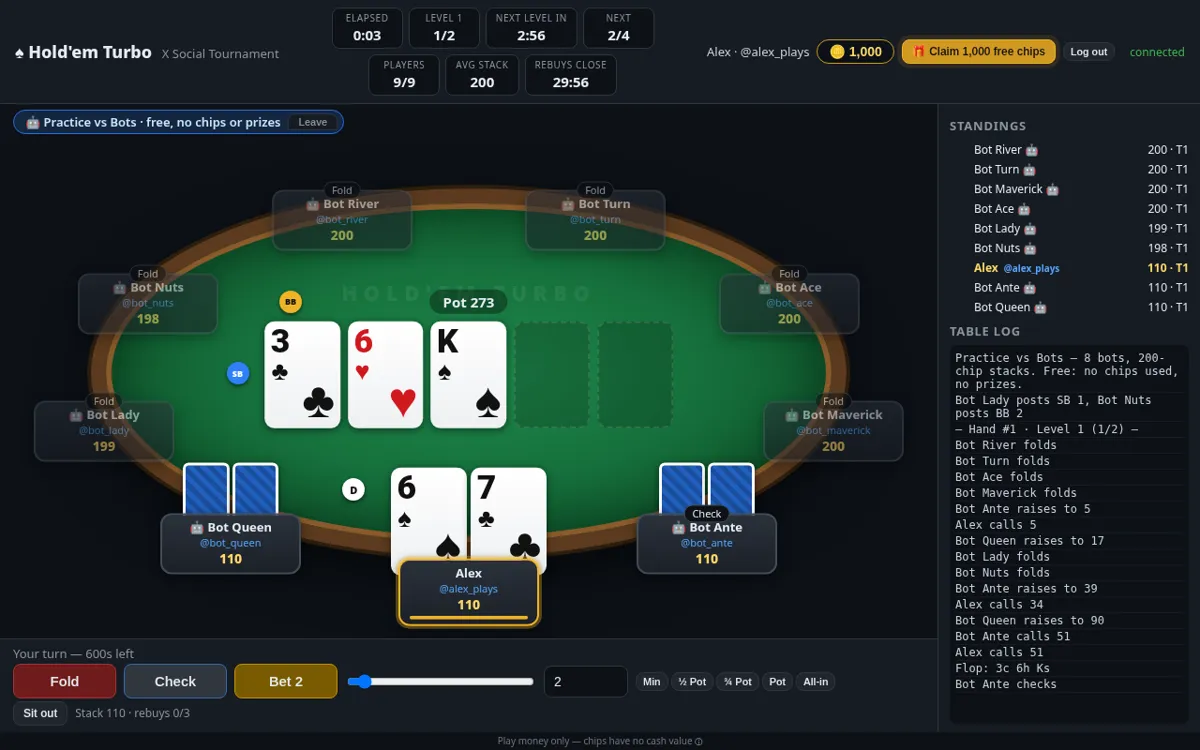Practice vs Bots: one player at a table with eight bots